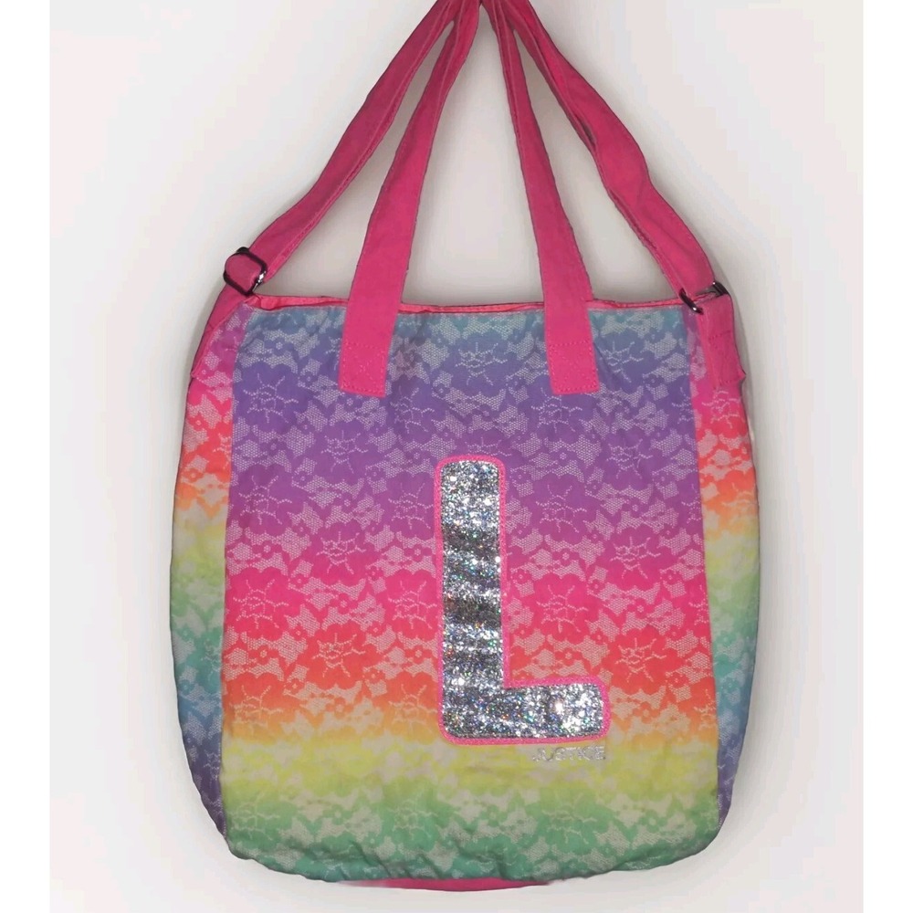Justice‎ Monogram Tote Bag Silver Sequins "L" Lace Rainbow Print